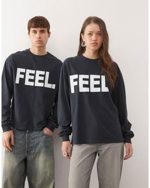 Collusion Long Sleeve Boxy T-Shirt With 'Feel' Graphic - Black