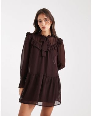 Wednesday's Girl Collared Ruffle Long Sleeve Mini Dress - Brown