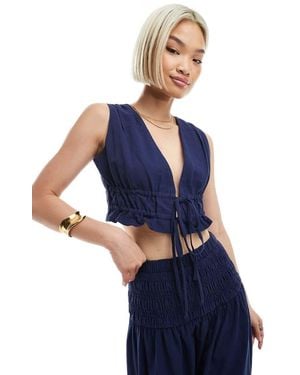 4th & Reckless Cropped Gilet Met Linnenlook En Gestrikte Voorkant - Blauw