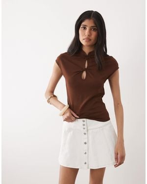 Miss Selfridge Knot Detail Top With Mandarin Collar - Brown