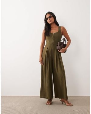 Nobody's Child Petite Lorey Linen Mix Square Neck Wide Leg Jumpsuit - Green