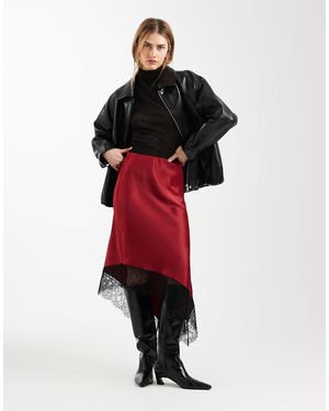 ASOS Satin Asymmetric Lace Trim Midi Skirt - Red