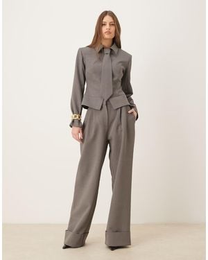 Wanderdoll Exclusive Gabriella Turned Up Tailored Wide Leg Trousers Co-Ord - Natural