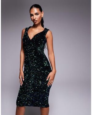 Goddiva Multi Sequin & Velvet Bardot Midi - Blue