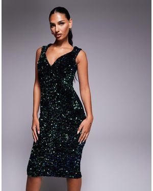 Goddiva Multi Sequin & Velvet Bardot Midi - Blue