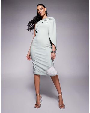 Lavish Alice Vestito Midi Monospalla Salvia Decorato Con Fiocco E Mantella - Multicolore