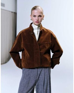 TOPSHOP Faux Suede Bomber Jacket With Funnel Collar - Brown
