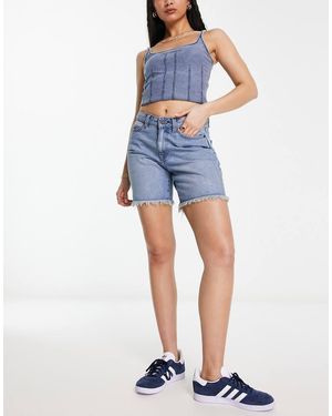 Noisy May Frayed Hem Longline Denim Shorts - Blue