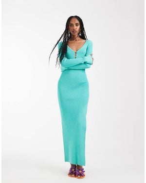 Kaiia Exclusive Ribbed Knit Plunge V-neck Flared Sleeve Thigh Split Maxi Dress - Blue