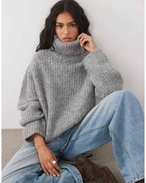 ASOS Premium Alpaca Blend Roll Neck Stitch Texture Boxy Jumper - Grey