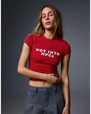 Bershka Short Sleeve Print T-Shirt - Red