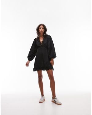 TOPSHOP V-neck Lace Mini Tea Dress - Black