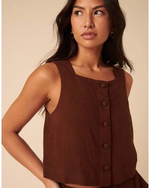 Nobody's Child Linen-Blend Button Front Top - Brown