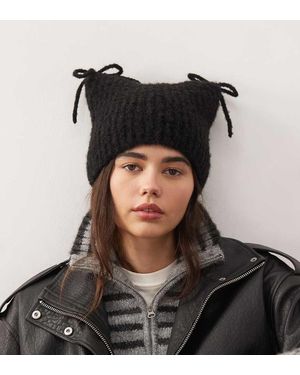 Collusion Fluffy Knit Ear Beanie With Bow Details - Black