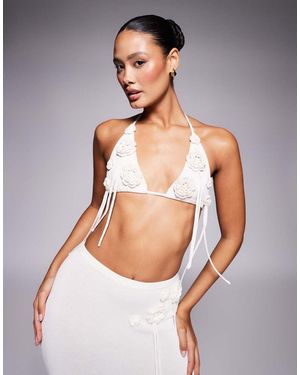 Wanderdoll Peony Knitted Corsage Tassel Detail Bralette Top Co-ord - White