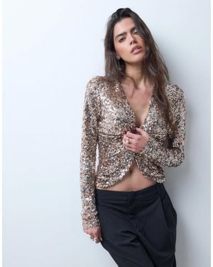 ASOS Sequin Plunge Drape Long Sleeve Top - Metallic