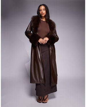 Kaiia Exclusive Faux Leather Fur Trim Maxi Coat - Brown