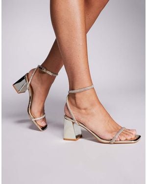 SIMMI Ciel Mirror Diamante Low Block Heeled Sandals - Metallic