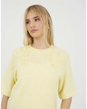 Brave Soul Short Sleeve Jumper With Floral Embroidery - Yellow