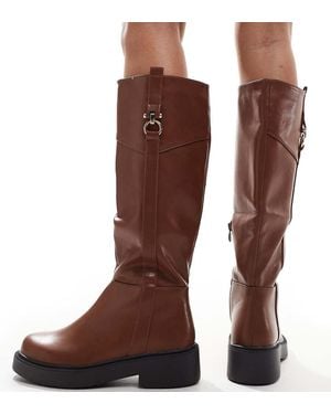 SEQWL Wide Fit Knee High Buckle Flat Riding Boots - Brown