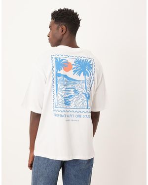 SELECTED T-Shirt Oversize Bianca Con Stampa Di Francobollo Provence - Blu