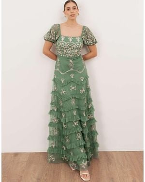 Maya Embroidered Square Neck Puff Sleeve Maxi Dress - Green