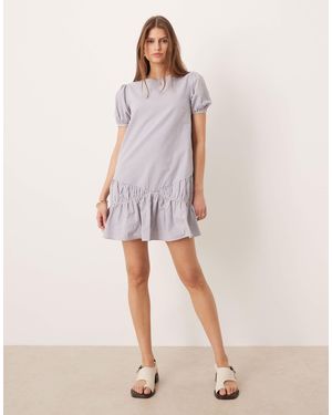 Glamorous Chuck On Drop Waist Mini Dress With Puff Sleeves - Natural