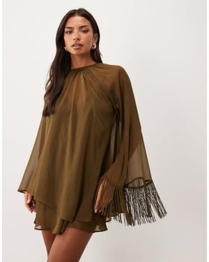 ASOS Overlay Layered Fringe Hem Sleeve Mini Dress - Brown