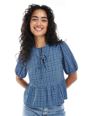 Wednesday's Girl Textured Tie-Detail Short Sleeve Check Blouse - Blue