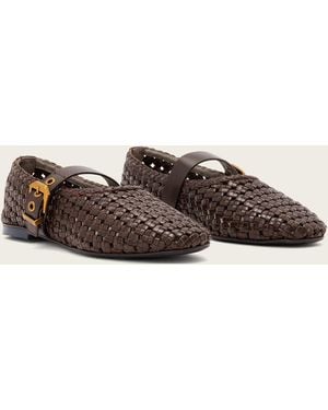 AllSaints Sabine Leather Woven Ballet Flats With Gold Buckle Strap - Natural