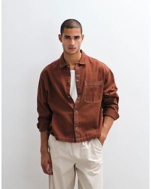 ASOS Boxy Oversized Cotton Twill Shirt With Contrast Stitch - Brown