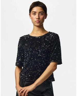 Pieces Kammy Sequin U-neck Short Sleeve Top - Blue