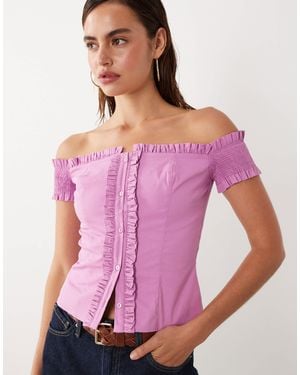 Mango Starring Hailey Bieber Ruffle Detail Off Shoulder Blouse - Purple