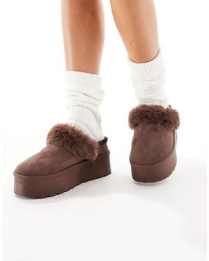 SEQWL Faux Fur Flatform Mules - Brown