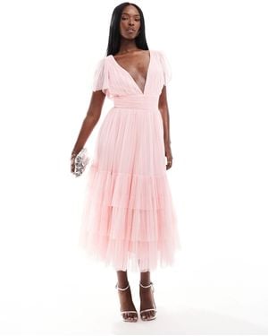 LACE & BEADS Bridesmaid – madison – midi-brautjungfernkleid aus zart tüll mit v-ausschnitt - Pink