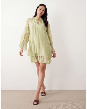 Y.A.S Tie Front Long Sleeve Boho Mini Dress - Natural