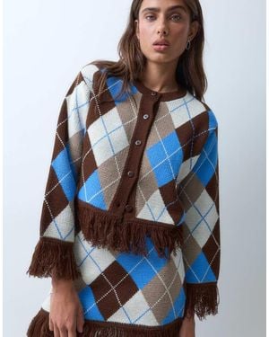 ASOS Cardigan Jacquard Con Frange Su Fondo E Maniche - Blu