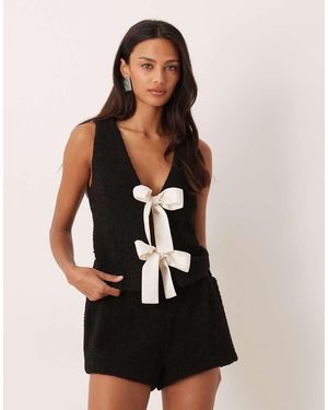 For Love & Lemons Wool-rich Boucle Bow Front Vest Co-ord - Black