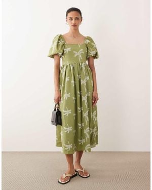 New Look Palm Print Puff Sleeve Seersucker Midi Dress - Green