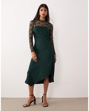 Y.A.S Hybrid High Neck Lace Top And Satin Slip Dress - Green