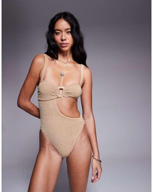ASOS Eloise Textured Cut Out Swimsuit With Raffia Trim - Natural