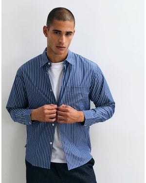 SELECTED Camicia Popeline A Maniche Lunghe A Righe, Selezionata - Blu