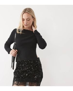 Vila High Waist Sequin & Velour Mini Skirt With Lace Trim - Black