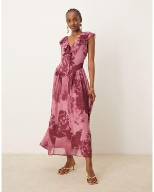 ASOS Vestido Midi Con Falda En Ángulo Y Volante Colgante Con Bordes Sin Rematar De - Rosa