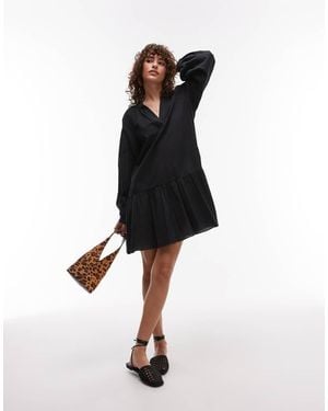 ARKET Seersucker Mini Dress With Tiered Hem And Puff Sleeves - Black