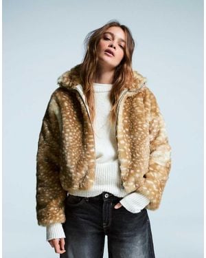 Bershka Animal Print Faux Fur Jacket - Natural