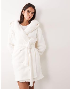 Boux Avenue Embroidered Short Hooded Dressing Gown - White