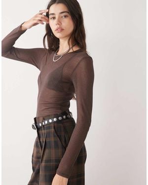 Monki Long Sleeve Sheer Ribbed Top - Brown