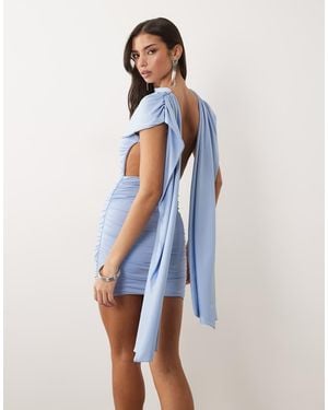 Aria Cove Double Sculpted Slinky Cape Drape Detail Open Back Mini Dress - Blue