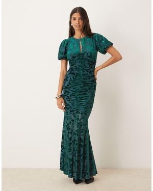 Maya Flocked Velvet Ruched Maxi Dress - Green